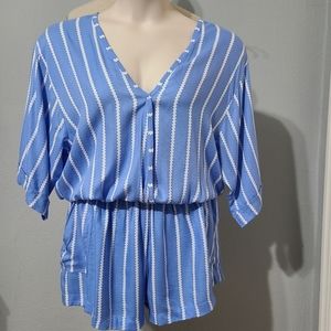 Anthropologie Beachgold Ancona Romper Blue White Stripe Surplice V-Neck Size  XL